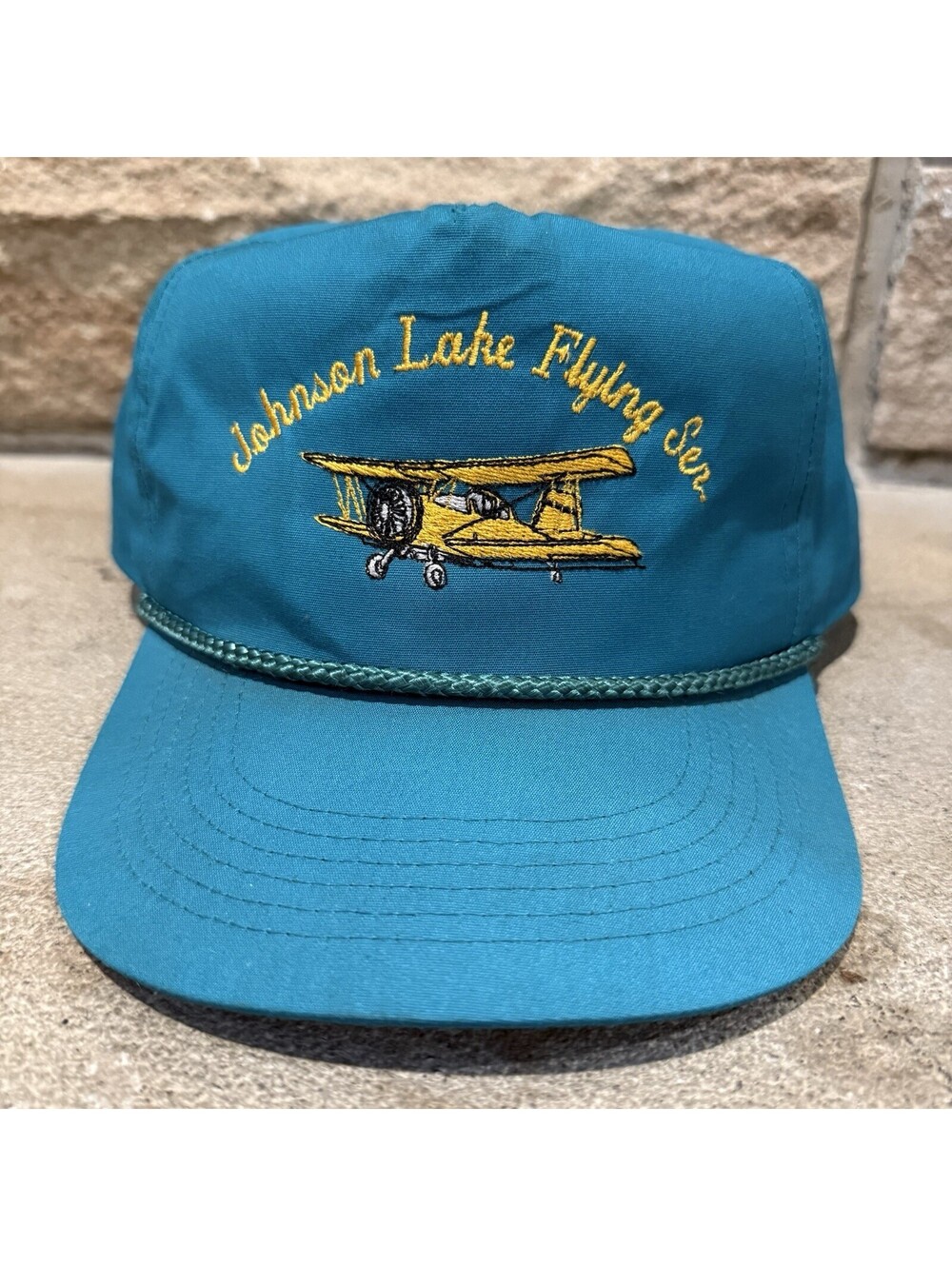 Vintage Johnson Lake Flying Service Biplane Rope Hat Snapback Cap Aviation 80s